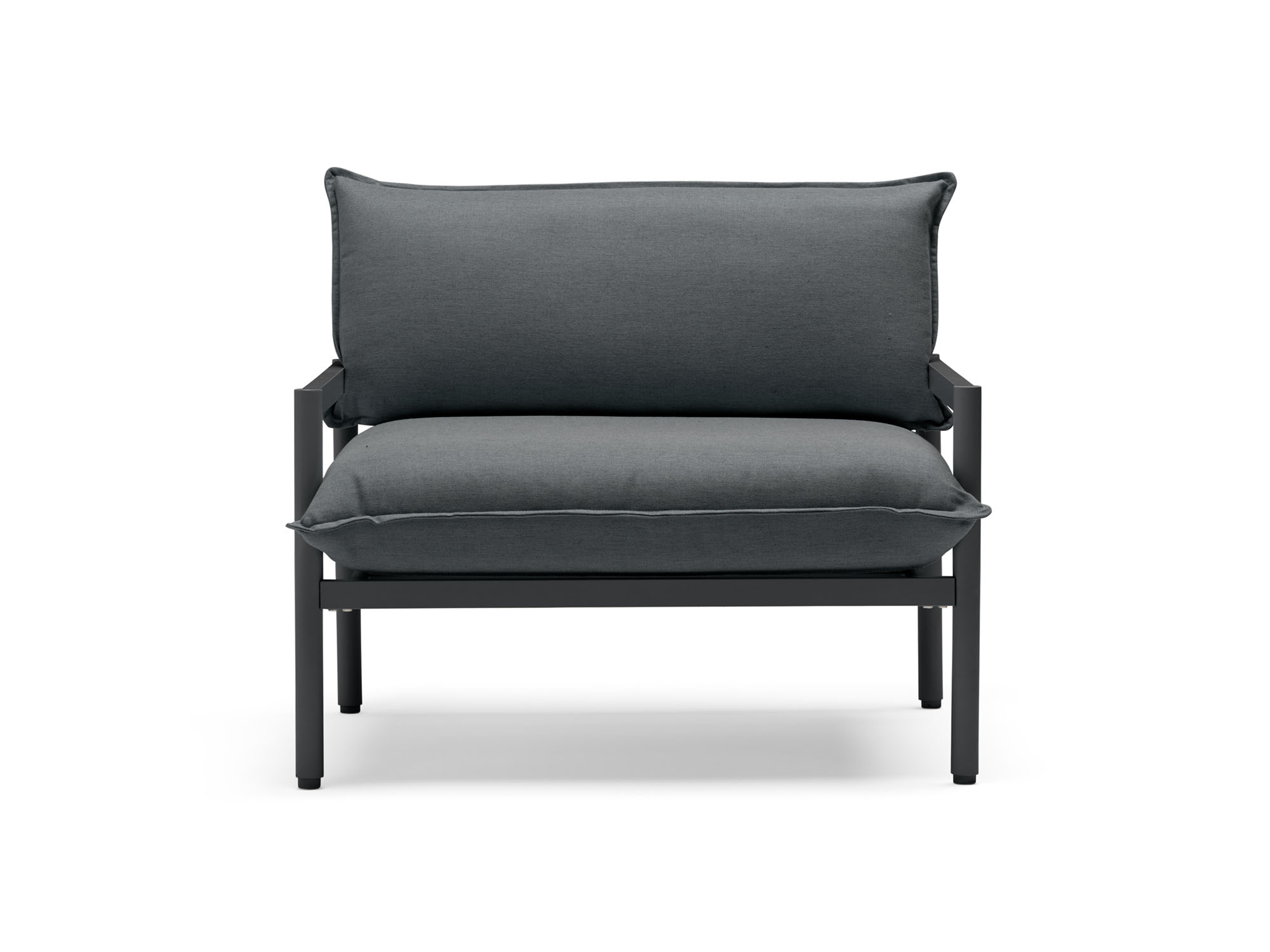 Front view of outdoor chair with black cushions and metal legs